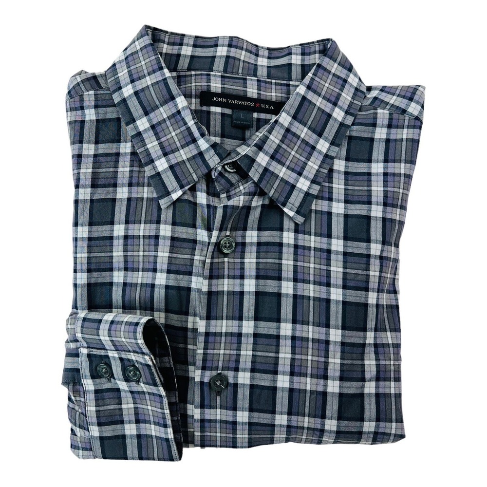 John Varvatos‎ Star USA Gray Purple & Blue Plaid Button Up Size Large L